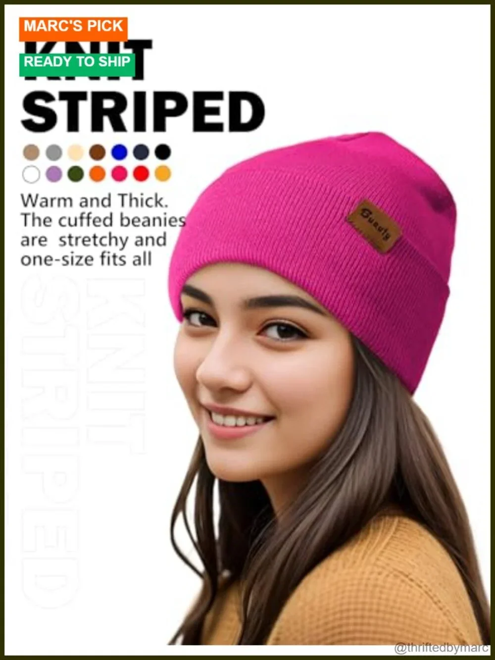 Knit Winter Beanie Hat for Men Women, Warm Skull Stocking Cap, Striped Cuffed